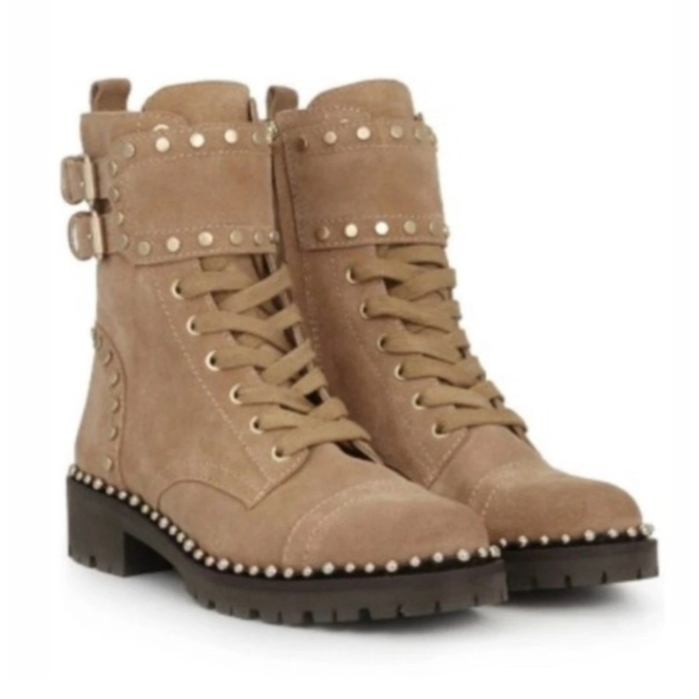 Sam Edelman Jennifer Studded Combat Boots Tan Suede Size 10M Brown Leather Upper